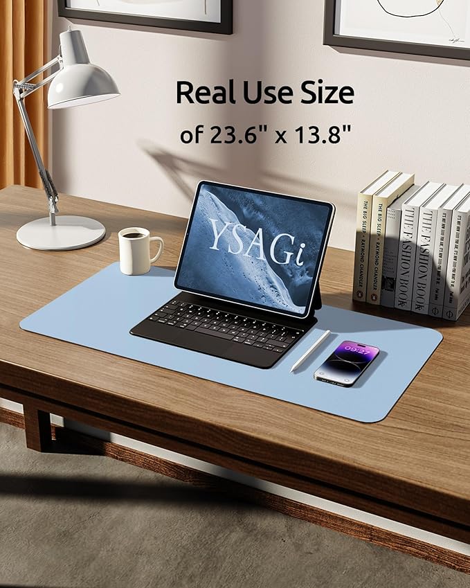 YSAGi Leather Desk Protector, Office Mat, Large Mouse Mat, Non-Slip PU Leather Blotter, Laptop Pad, Waterproof Writing Pad for Office and Home (Baby Blue, 23.6" x 13.8")
