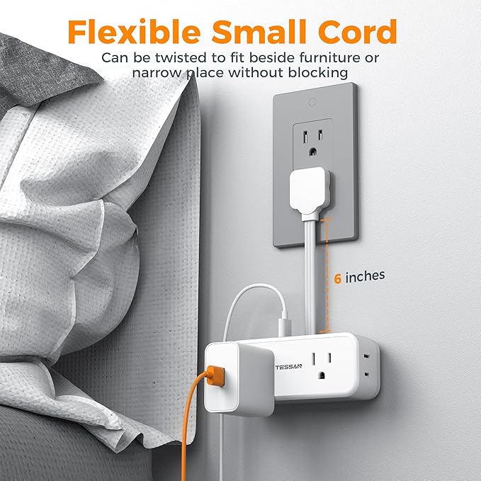 Small Extension Cord 6 inch, TESSAN Thin Flat Plug Power Strip with 4 AC Outlets 3 USB (1 USB C) Ports, Silm Charging Station Desk Organizers for Home Bedroom Hotel Office Desktop Accessories