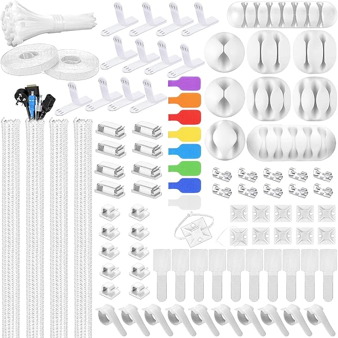 193 PCS Cable Management Kit - 4 Cable Sleeve, 57 Self Adhesive Cable Clips, 12 Hanging Strips, 12 Cable Organizer Straps and 100 Fastening Cable Ties for TV Computer Under Desk (White)