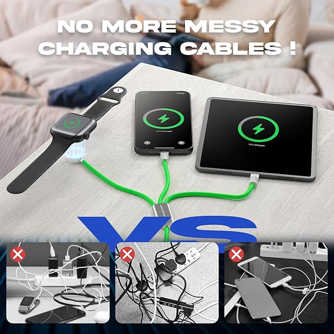 chubbycable Tri-Flex 3 in 1 USB C Cable for Apple Watch Charger Silicone 100W Multi Charging Cable Fast Charge Compatible with iPhone 16/15 Series iWatch iPad Airpods MacBook, 4.1FT, Dark Blue