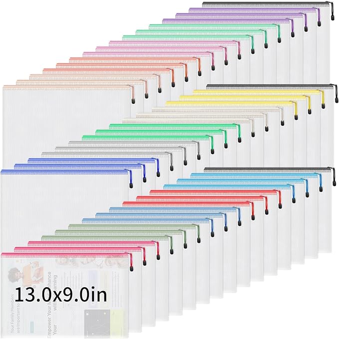 Umriox 48pcs Mesh Zipper Pouch Bags, A4 Size 16 Color Zipper Bags for Organizing, Clear Zipper Pouches for Puzzles, Board Game Organizer, Sewing Projects