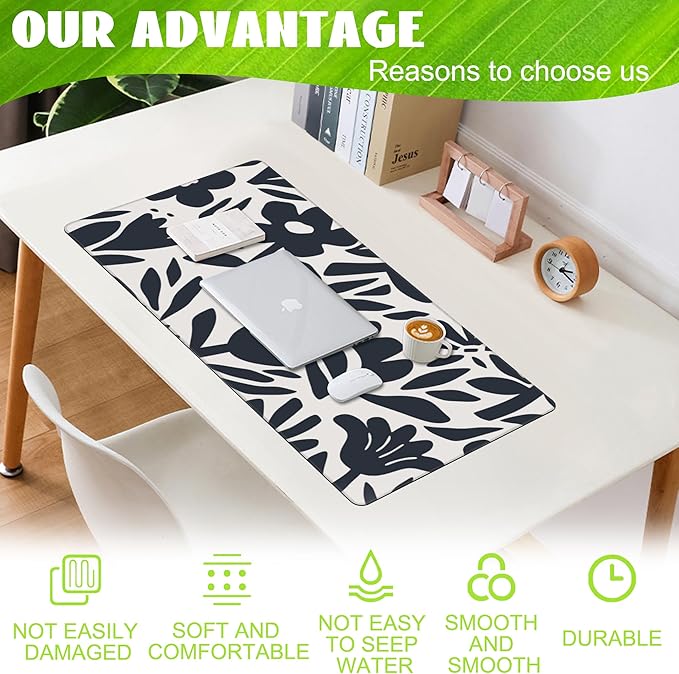 Desk Pad,Hand Drawn Leaves and Flowers Desk Mat,Abstract Plant Large Gaming Mouse Pad for Desk,Extended Big Computer Keyboard Mouse Pad with Non-Slip Base and Stitched Edge,35.4"x15.7"