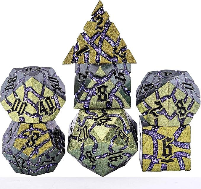 Dice Set D&D Metal,DND Metallic Glitter Crack Dice with Gift Box for RPG Board Games (Greenish Yellow Color + Purple)