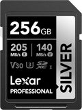 Lexar 256GB Professional Silver SD Card, UHS-I, C10, U3, V30, 4K, Up to 205/140 MB/s SDXC Memory Card, for Professional Photographer, Videographer, Enthusiast (LSDSILV256G-BNNNU)