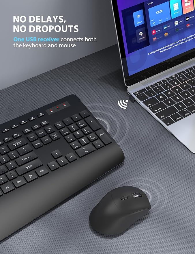 Wireless Keyboard and Mouse Combo 2 Pack - Full-Sized Ergonomic Keyboard with Wrist Rest, Phone Holder, Sleep Mode, Silent 2.4GHz Cordless Keyboard Mouse Combo for Computer, Laptop, PC, Mac, Windows