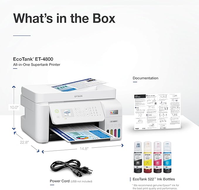 Epson EcoTank ET-4800 Wireless All-in-One Cartridge-Free Supertank Printer with Scanner, Copier, Fax, ADF and Ethernet – Ideal-for Your Home Office, White