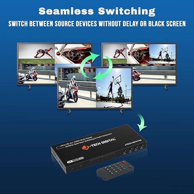 J-Tech Digital 4K HDMI Multiviewer Switch 4 in 1 Out, 4x1 4K 30Hz HDMI Quad Multiviewer Seamless Switcher with PiP, 6 Viewing Modes, Audio Extraction via Optical 3.5mm (JTECH-MV41AE)