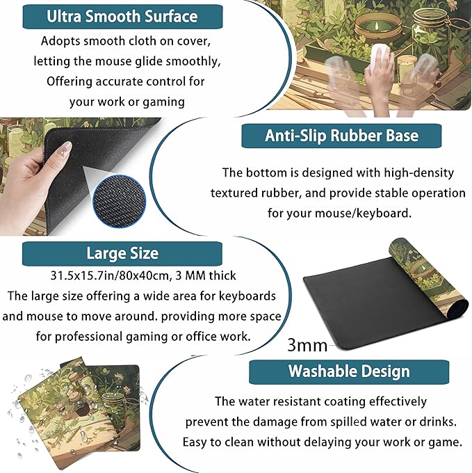 Cute Desk Mat Green Sage Mouse Pad Anime Forest XXL Large Extended Gaming Mousepad Desk Matt for Desktop Computer Pad Mat, Laptop Keyboard Mouse Mat Office Decor Accessories for Women, 31.5x15.7 in