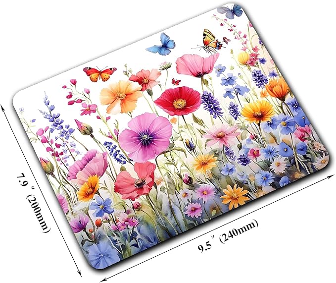 Colorful Wildflowers Floral Butterfly Custom Mouse Pad with Non-Slip Rubber, Small Square Design for Wireless Laptop & Computer Mouse Pads for Desk, 9.5 x 7.9 inch Smooth Surface for Gaming & Office