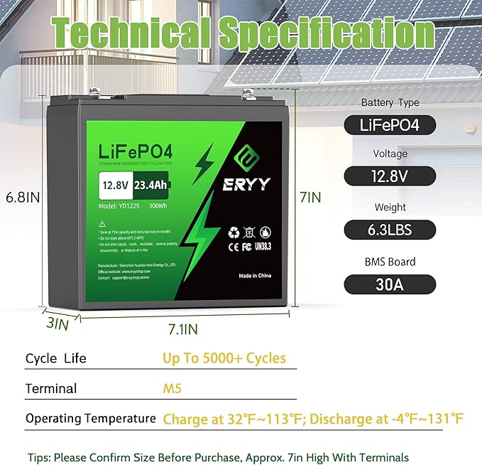 12V 23.4Ah(30A BMS) LiFePO4 Lithium Deep Cycle Battery With 30A BMS & Voltage Indicator, 12 Volt Battery Lithium Iron Phosphate for Fish Finder, Ham Radio, Solar, Scooters, Power Wheels, RV, Camp