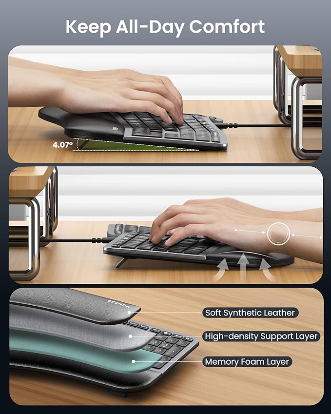 seenda 7-Color Backlit Wired Ergonomic Keyboard, KUW01 USB & Type-C Wired Split Keyboard, Cushioned Wrist Rest, Full Size with NumPad, Compatible for Windows, macOS, PC, Laptop, MacBook - Black Gray