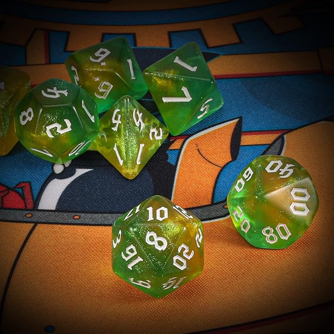 QMAY DND Dice Set -D&D Polyhedral Dice (7 Pcs) for Dungeons and Dragons (Pale Yellow and Green Glitter)