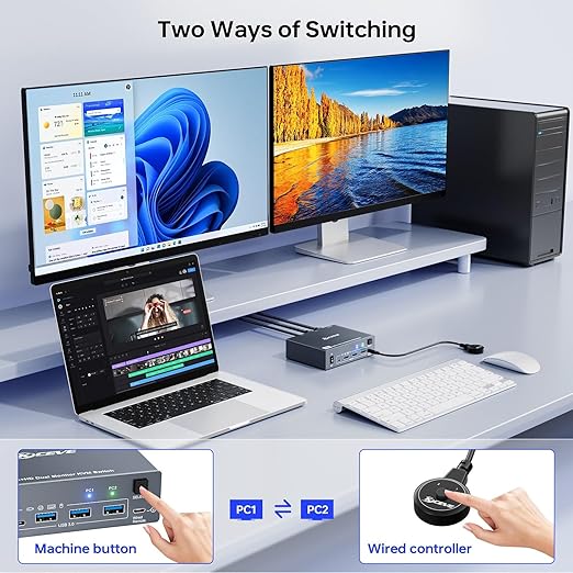 KVM Switch 2 Monitors for 1 Laptop and 1 Desktop 4K@60Hz, USB C HDMI Dual Monitor KVM Switch,Docking Station KVM Switches with 4 USB 3.0 Port, 80W PD Charging, Wired Remote and USB-C Cable Included