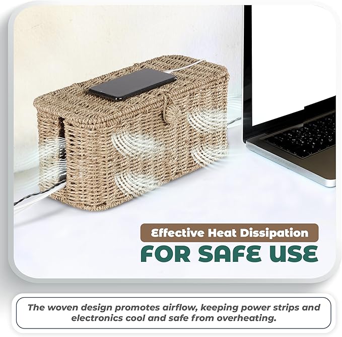 BLUEWEST Large Cable Management Box, Natural Rattan Cable Cord Organizer Boxes for Power Strip – 2 Open Slots Cords Hider Box for TV Wires, Computer, Router, USB Hub and Under Desk Power Strip
