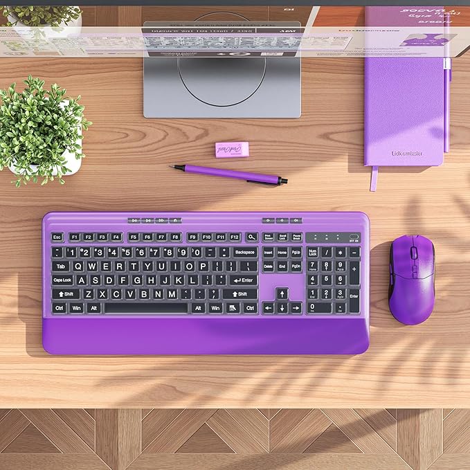 Wireless Keyboard and Mouse Set with Quiet Keys, 2.4G Full Size Purple Keyboard and Mouse with Wrist Rest, Protective Covers, Soft Touch Silent Design for Windows, Computer, PC and Laptop