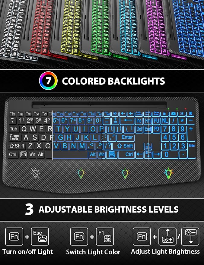 Wireless Keyboard and Mouse Backlits, Wrist Rest, LED Mouse, Rechargeable Ergonomic Keyboard with Phone Holder, Silent Light Up Combo for Computer, Mac, PC, Laptop, Chromebook (Black Large Print)