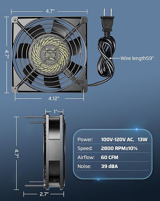 DEWENWILS 120V AC Fan, Waterproof Exhaust Fan 120mm, 13W 2800RPM 60CFM, DIY Cooling Fan for Refrigerator, Computer Case, Compressor Engine, Generator, UL Listed