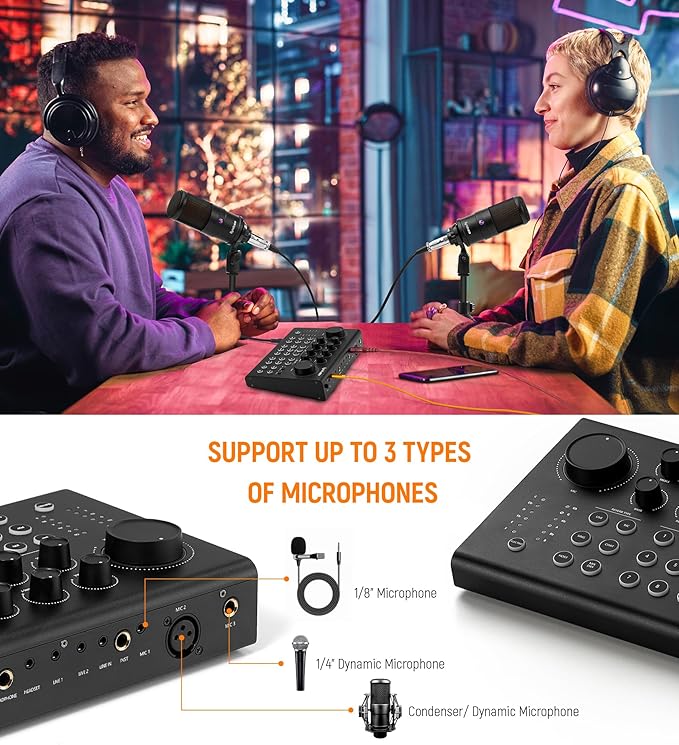 Synido Podcast Equipment Sound Card, Audio Interface Mixer with Pro-preamp, 48V Phantom, 9 Customize Sound Pads, XLR, 1/4", 1/8" Inputs for Live Streaming/Music Recording/Gaming/PC/Guitar, Black