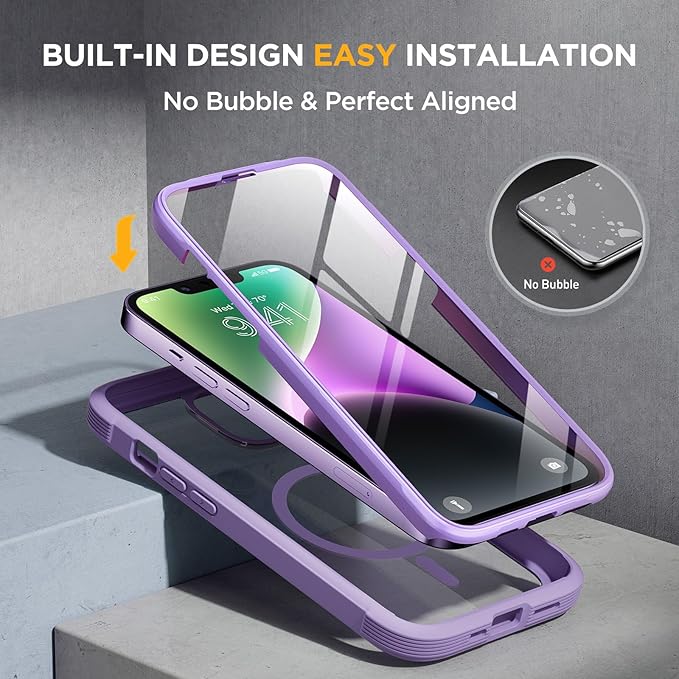 Miracase Magnetic for iPhone 14 Case 6.1", [Built-in Tempered Glass Screen Protector + Lens Protector] [Compatible with MagSafe] Full-Body Protective Bumper 14 Phone Cover, Purple