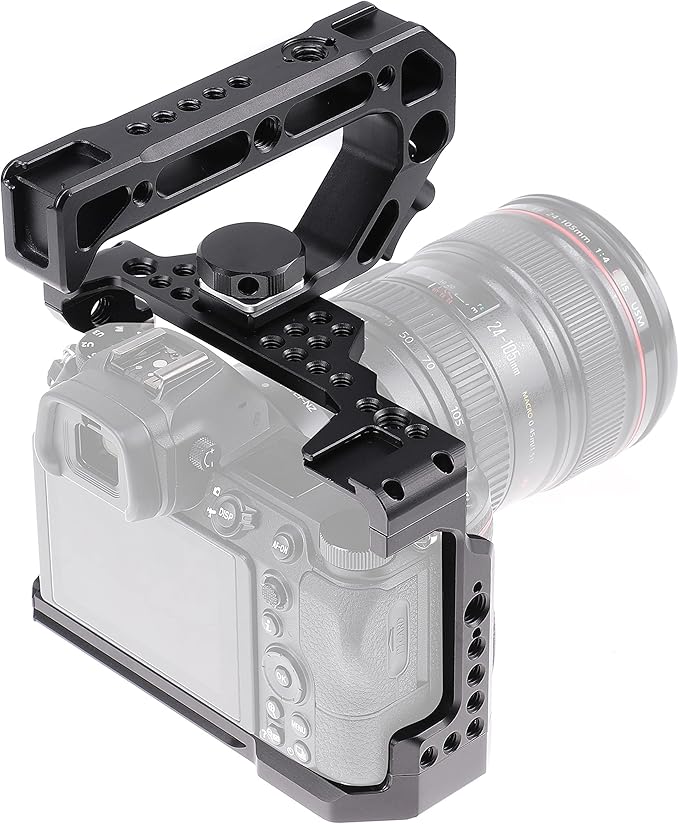 Z5 Z6 Z7 Cage, Hersmay Camera Cage with Top Handle for Nikon Z5/ Z6/ Z7/ Z6II/ Z7II Mirrorless Camera with Cold Shoe,ARRI Handle Locating Holes,Multiple 1/4" 3/8" Screw Holes