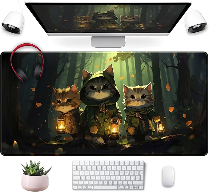 Forest Cats Desk Mat Anime Cat Desk Pad Cute, Kawaii Green Mouse Pad XXL, Large Extended Gaming Mousepad Keyboard Mouse Mat with Stitched Edges, Home Office Decor Pad for Women Girl 31.5x15.75 in