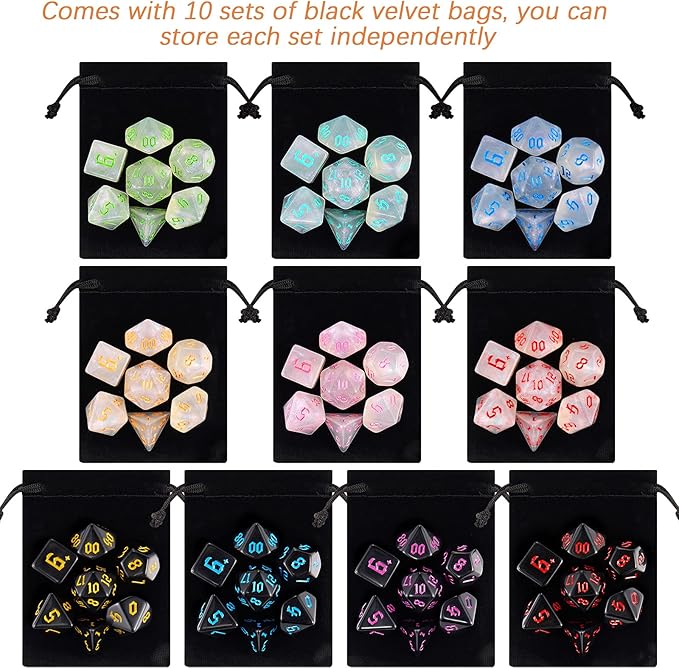 DND Dice, 10 X 7 (70 Pieces) Polyhedral Dice Set for Dungeons and Dragons DND RPG MTG Table Games D4 D6 D8 D10 D% D12 D20 with 10 Pack Black Bags