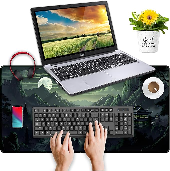 XXL Large Gaming Mouse Pad Anime Green Moon Mountains Desk Mat, Desk Decor Mousepad Computer Mat, Non-Slip Rubber Base Desk Pad, Laptop Keyboard and Mouse Mat with Stitched Edges, 31.5x15.75 in