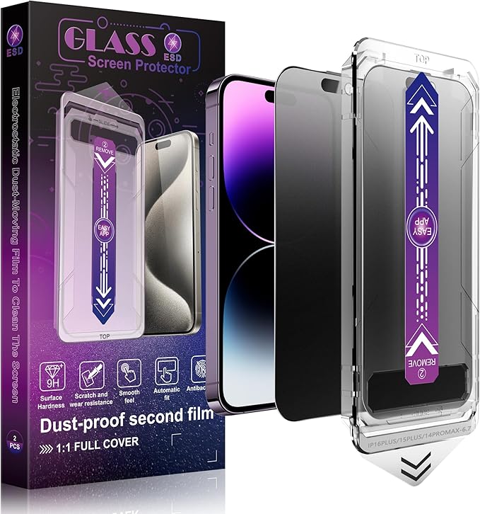 2 Pack Matte Privacy Screen Protector for iPhone 16 Plus and iPhone 15 Plus and iPhone 14 Pro Max 6.7-Inch Auto Dust Removal, No Bubbles,Anti-Spy Tempered Glass Film, Easy Installation