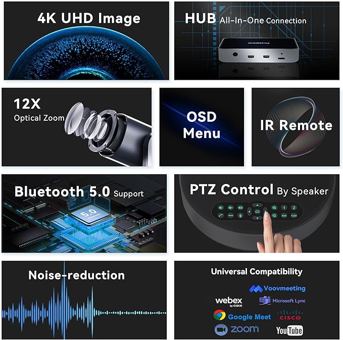 Tenveo VLGroup All-in-One 4K Conference PTZ Camera with Bluetooth Speakerphone System 12X Optical Zoom Wide View Angle Lens Works with Zoom Skype Teams for Room Remote Meeting