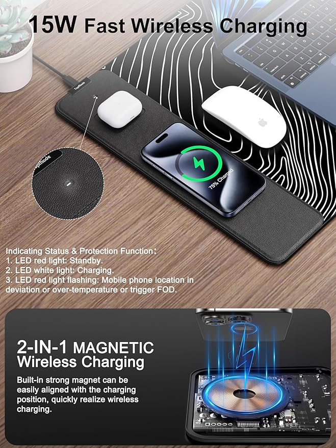 TopMade Mouse Pad with 15W Fast Wireless Charging, 31.5"x15.75" XXL Large Gaming Waterproof Desk Pad with Ultra-Smooth Surface, Non-Slip Base, Computer Desk Mat, Black Topographic Map #1
