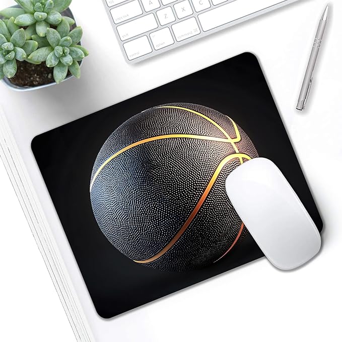 Mouse Pad, Golden Stripes Black Basketball Mouse Pads for Desk, 9.5" x 7.9" Non-Slip Rubber Base Computer Mousepad with Women, Portable Square Design for Wireless Mouse and Pad Laptop Office & Travel