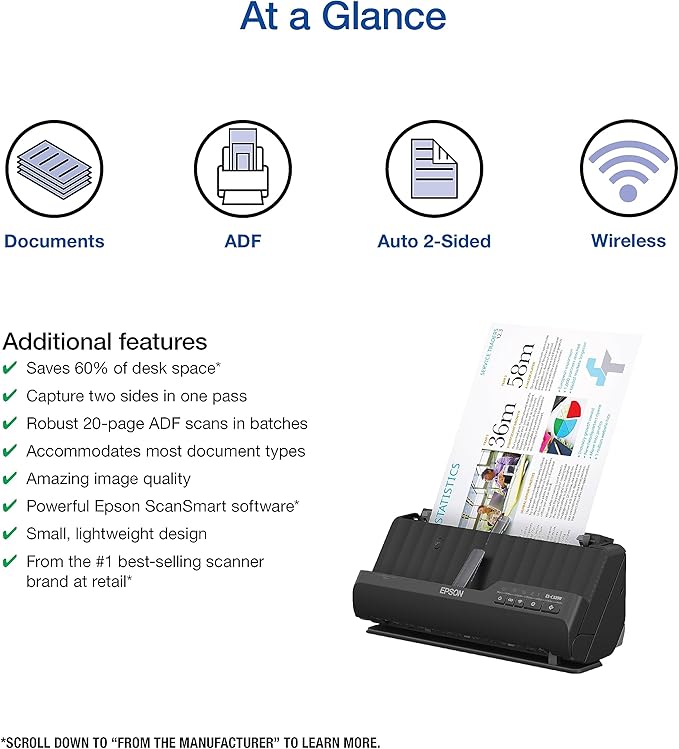 Epson - Workforce ES-C320W - Wireless Compact Desktop Document Scanner - 2-Sided Scanning and Auto Document Feeder - Paper and Card Scanner - Black