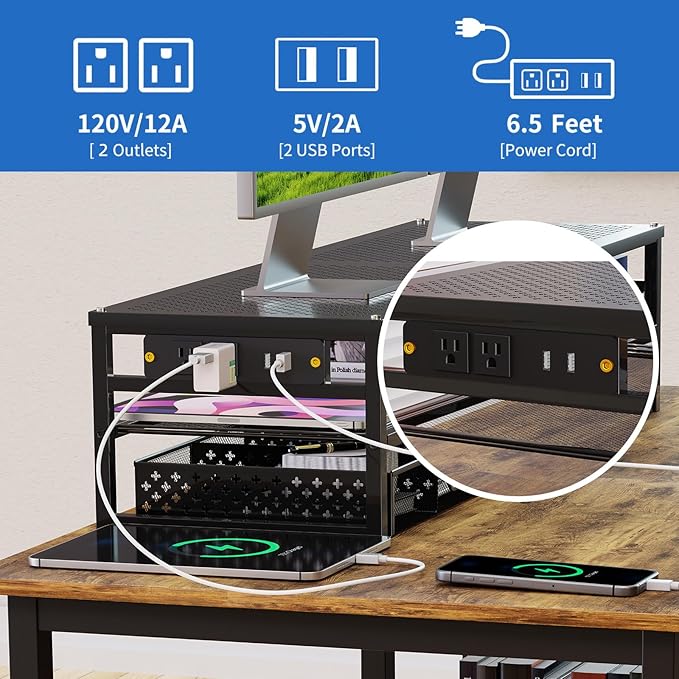 Simple Trending 2 Tier Metal Monitor Stand Riser with USB 2.0 and Charging Prot , Computer Office Desktop Organizer for 2 Monitors With Two Drawer Storage and Reusable Cable Ties,for Printer, TV, Black