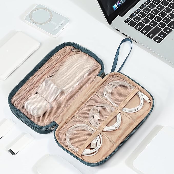 NISHEL Travel Cord Organizer Case, Double Layers Tech Electronic Bag, Essentials for Charger, Cable, Phone, Flash drive,Lake-Blue