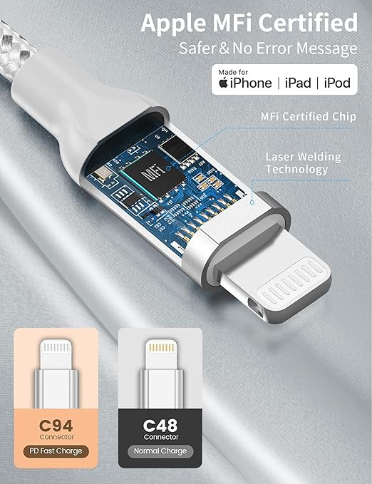 3ft USB C to Lightning Cable 2Pack,[Apple MFi Certified] Power Delivery USB C iPhone Charger Fast Charging, 3 foot Nylon Braided Type C to Lightning Cord for iPhone 14 13 12 11 Pro Max XR XS 8 SE iPad