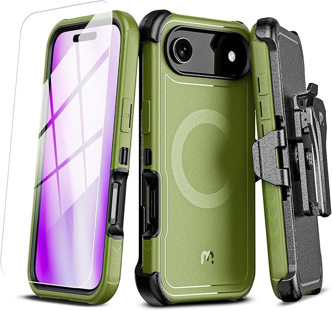 M MYBAT PRO for iPhone Air Case with Belt Clip Holster,[Compatible with Magsafe] w/Screen Protector,Anti-Drop,Shockproof,w 360°Rotating Kickstand,Heavy Duty Protection (Army Green)
