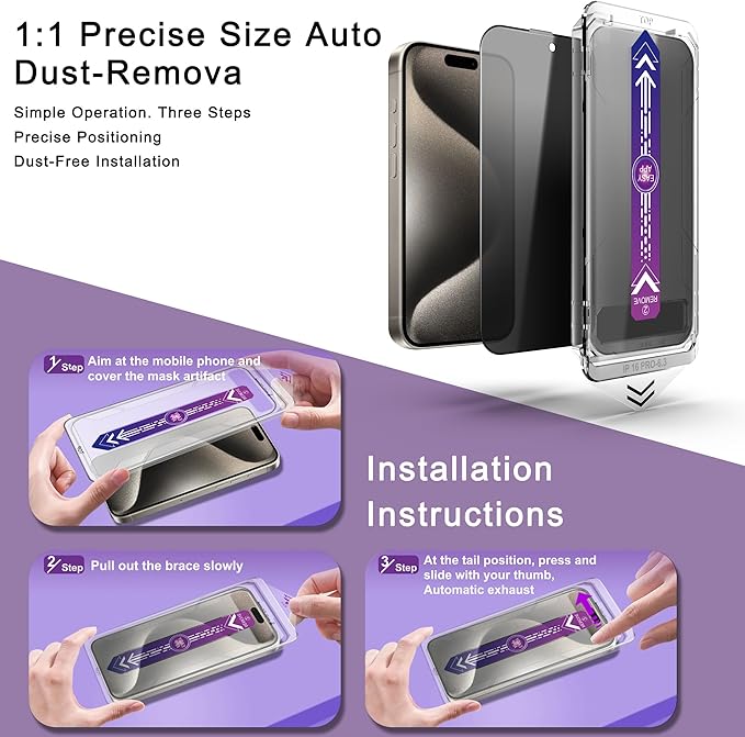 2 Pack Privacy Screen Protector for iPhone 16 Pro Max, 9H Tempered Glass, Full Coverage, Anti-Fingerprint, Auto Dust-Elimination, No Bubble, Easy Installation