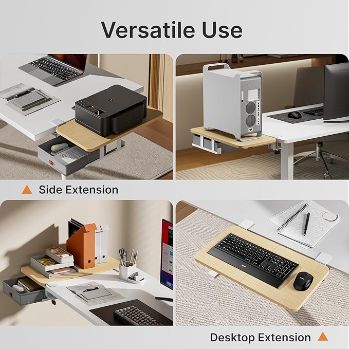 Desk Extender Tray, 24" x 12" Clamp On Desk Shelf, Desk Extension with Storage Drawer, Table Desk Arm Rest, Clamp On Keyboard Tray for Office and Home, Workstation Organizer, Medium, Wood
