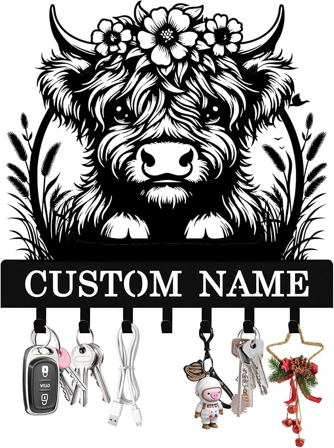 Personalized Highland Cow Key Holder Wall Mount, Custom Metal Key Rack Key Holder with Name, Deer Cabin Wall Keys Hanger with Hooks for Entryway, Front Door, Hallway, Kitchen, Living Room