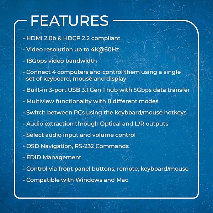 OREI 4x1 KVM HDMI Seamless Switch Multiviewer, Share Multiple Devices, PC, Computers, Phones, Gaming on One Display Monitor, Keyboard Control and USB 3.0 Peripheral Control