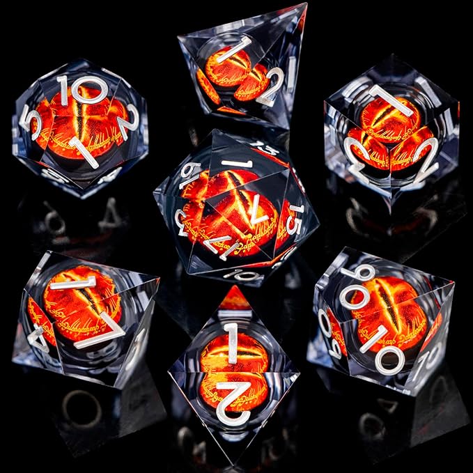 ARUOHHA DND Resin Dice Gazes Eye Dice Liquid Core Flaming RPG Sharp Edged Dice Set with Gift Box, Polyhedral D and D Dice Set Compatible with Dungeons Dragons Role Playing Game D20 D12 D10 D8 D6