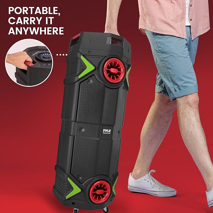 Pyle Portable Bluetooth PA Speaker - 400W Dual 8” Rechargeable Indoor/Outdoor BT Karaoke Audio System-Party Lights, LED Display, FM/AUX/MP3/USB/SD, 1/4" in,Handle, Wheels-Wireless Mic, Remote Control