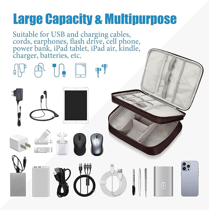 SELLYFELLY Electronics Travel Organizer, Double Layer Cable Organizer Bag Watreproof Electronics Accessories Storage Bag for Cord, Charger, Phone, Power Bank, Kindle, Hard Drive