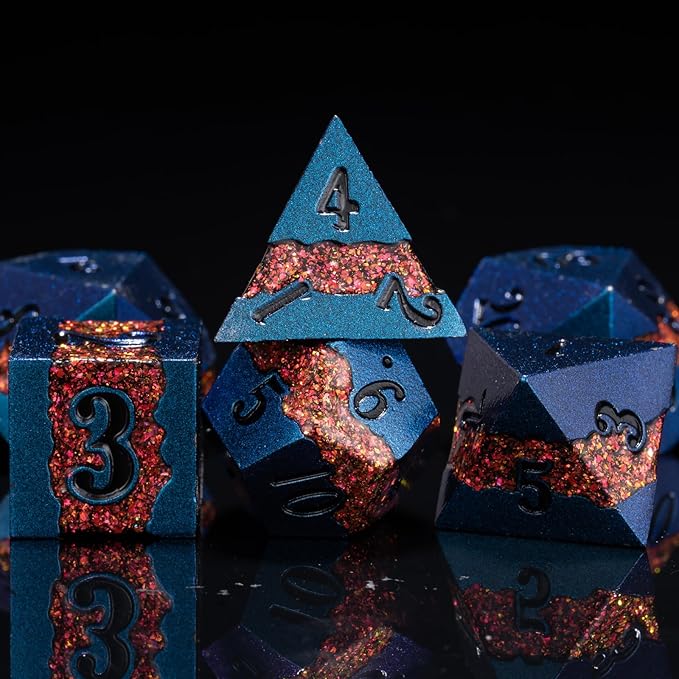 Large Stripe Metal Dice DND,Metallic Solid Crack Glittrer Dice Set with Gift Box,Polyhedral RPG Dice 7pcs Set