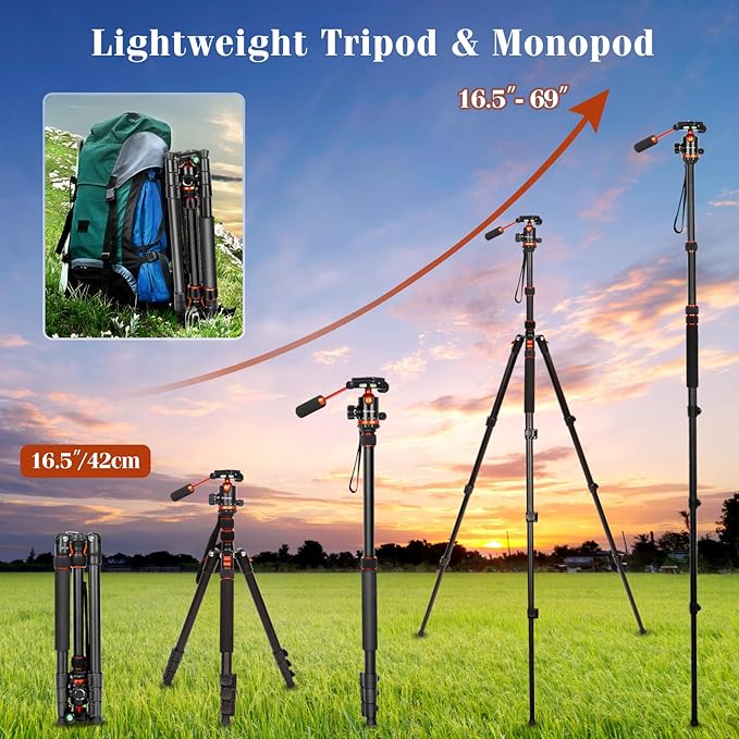 68" Tripod for Camera & Shooting Tripods, 2 in1 Camera Tripods & Monopods with Handle, Aluminum Rifle Tripod & Hunting Stick, Heavy Duty Tripod for DSLR,Canon,Nikon,Sony and Gun,Extra Carry Bag