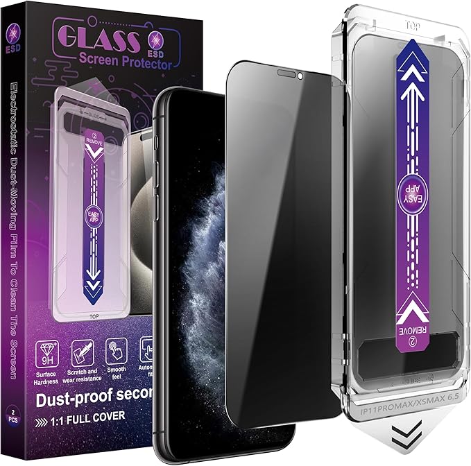 2 Pack Privacy Screen Protector for iPhone 11 Pro Max/iPhon XS Max, 9H Tempered Glass, Full Coverage, Anti-Fingerprint, Auto Dust-Elimination, No Bubble, Easy Installation
