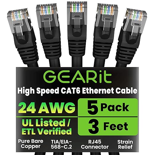 GEARit Cat 6 Ethernet Cable Pack - 5-Pack 3 ft Cat6 Ethernet Patch Cables | RJ45 Network Patch Cable, 10 Gbps Snagless Gold-Plated Connectors - Ethernet Cable Cat 6 for PC, TV, Router - Black