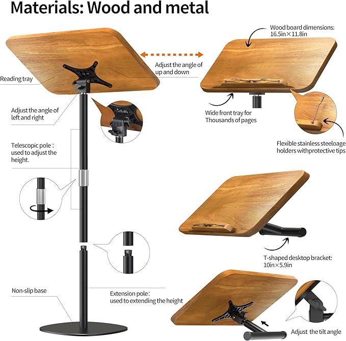 NAMON 2 in 1 Dual-use Music Stand & Desktop Book Stand, 100% Solid Wood, Height Adjustable from 16.5" to 51", with Page Paper Clip for Cookbooks, Sheet Music (with Large Panel: 16.5 * 11.8IN)