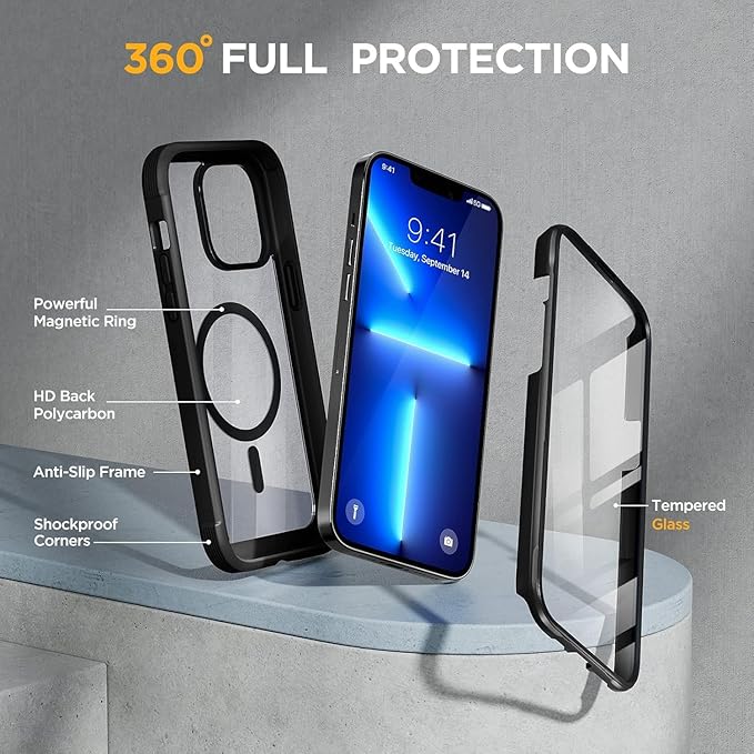 Miracase Magnetic Case for iPhone 13 Pro 6.1 Inch,with MagSafe,Built in Screen Protector,Full Body Protective(Black)