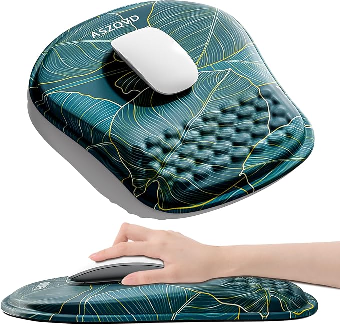 Mouse Pad with Wrist Rest, Ergonomic Mousepads with Wrist Support, Soft Lycra Fabric Memory Foam Office Desk Accessories for Comfort/Pain Relief/PC Gaming/Computer/Laptop (Green Leaves)
